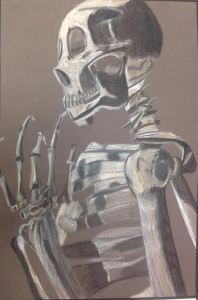 Christy Reynolds, Thinking Skeleton, 2015. Color pencil, 20 in X 13 in.